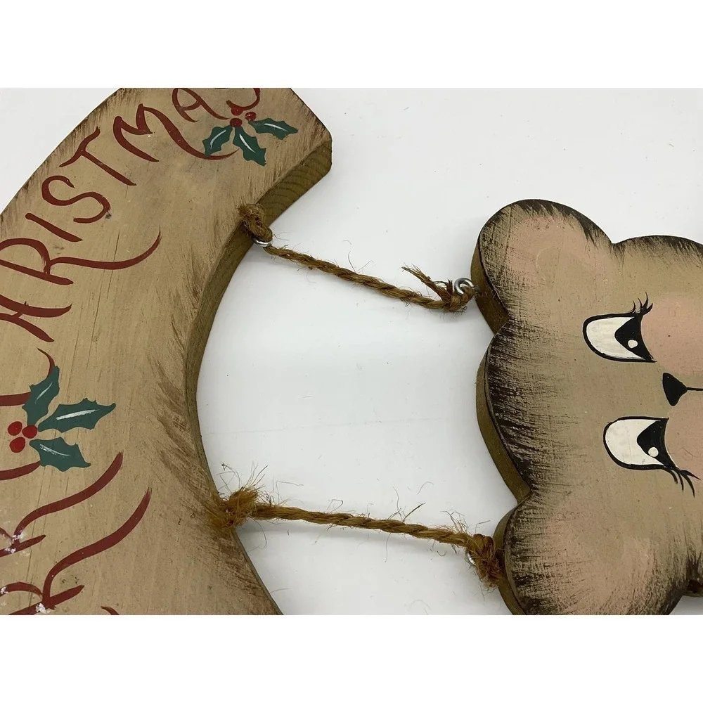 Vintage Handmade Merry Christmas Bear Wood Wall Sign Brown Holiday Decor Plaque